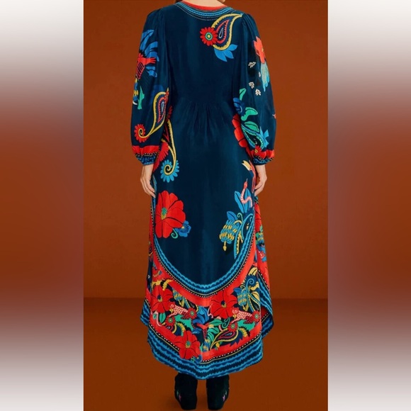 FARM Rio Blue Vintage Forest Midi Dress, Navy Blue Silky Viscose, Large - Picture 8 of 14